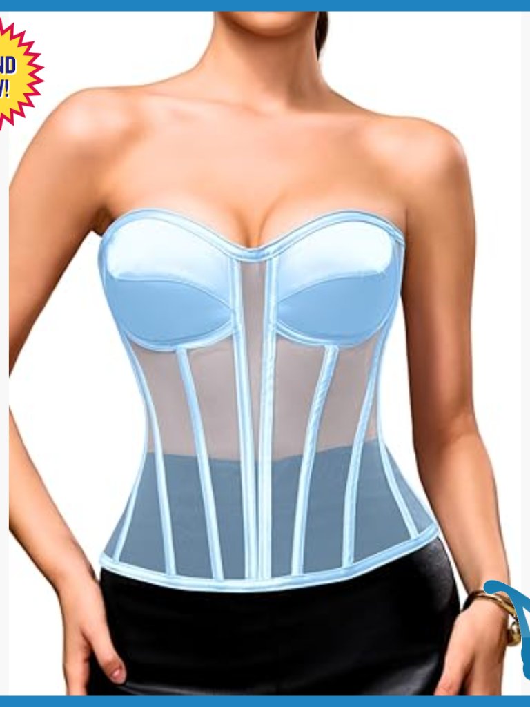 Strapless Longline Corset Top, Sheer Mesh Shapewear With Boning, Size 14